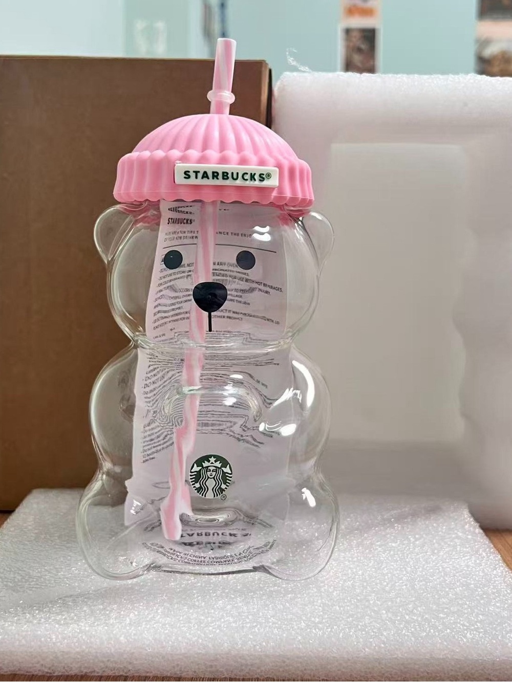 Starbucks bearista seasonal pink cap straw barista bear rare cup glass nwt